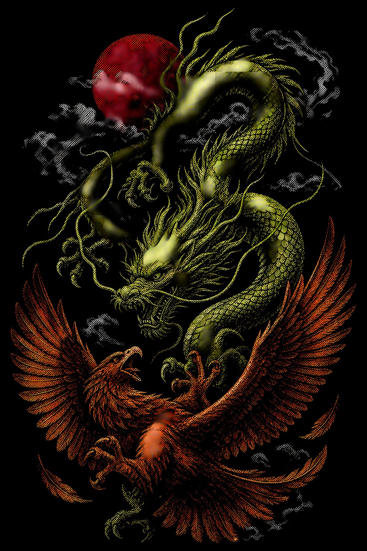 Dragon and Phoenix - Halftone DTF transfer - Prints best on darks