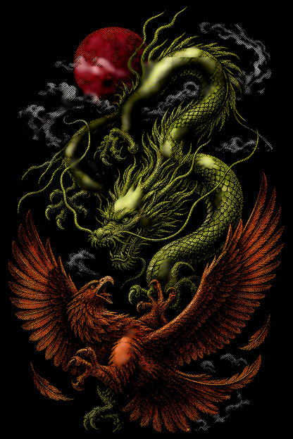 Dragon and Phoenix - Halftone DTF transfer - Prints best on darks