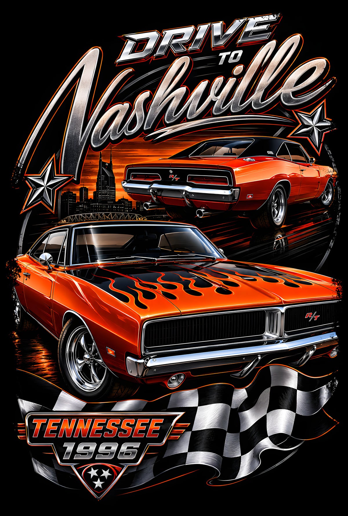 Drive to Nashville Classic Muscle Cars - Halftone DTF transfer - Prints best on darks