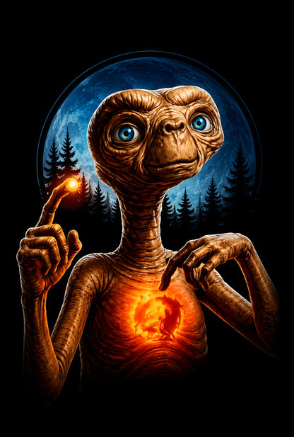 E.T. with Glowing Heart - Halftone DTF transfer - Prints best on darks
