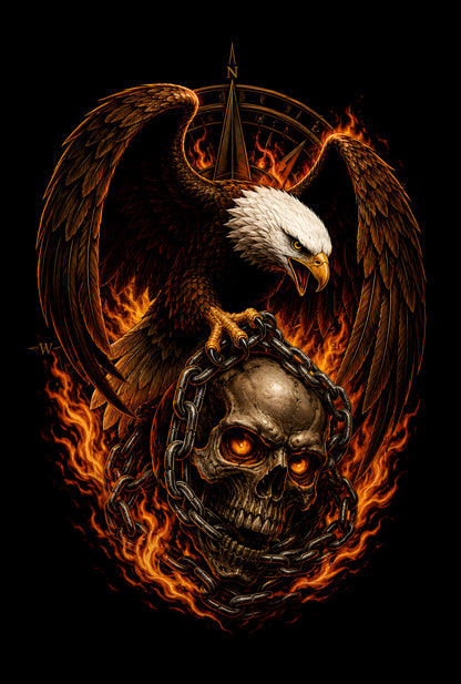 Eagle over Flaming Skull - Halftone DTF transfer - Prints best on darks