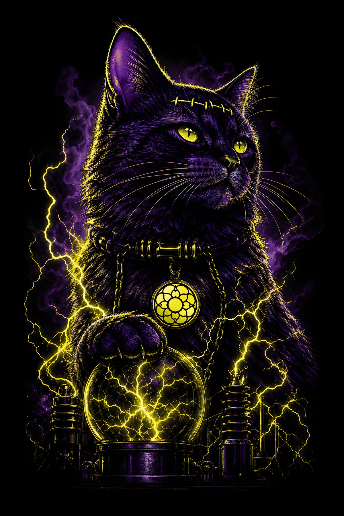 Electric Black Cat with Purple Smoke halftone DTF transfer for black or dark garments