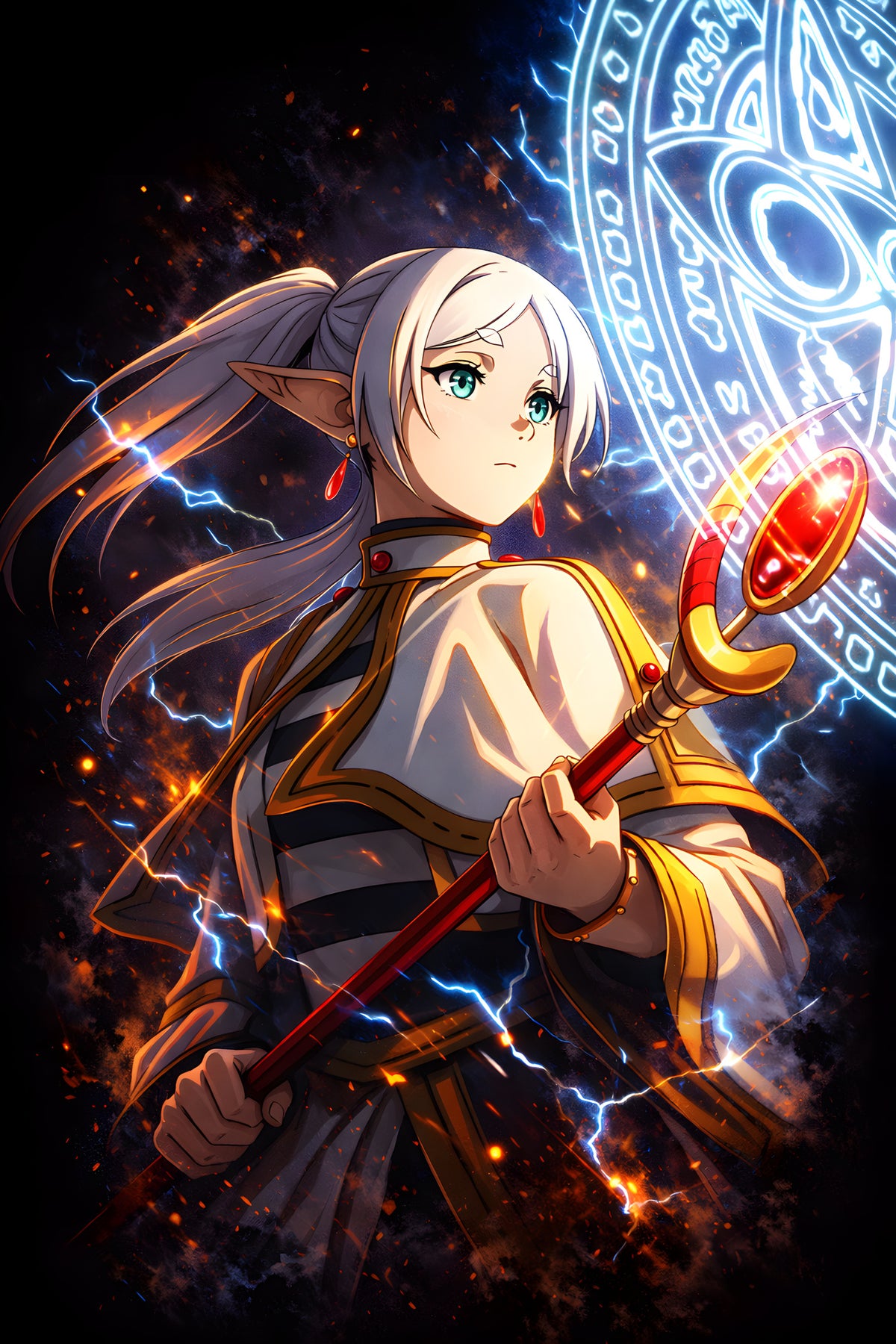 Elven Mage with Glowing Staff - Halftone DTF transfer - Prints best on darks