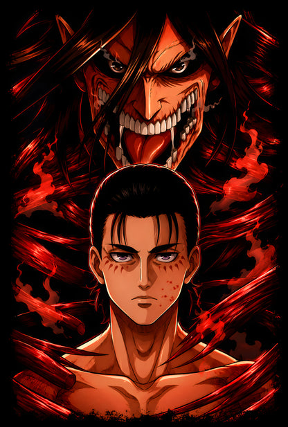 Eren and the Attack Titan - Halftone DTF transfer - Prints best on darks