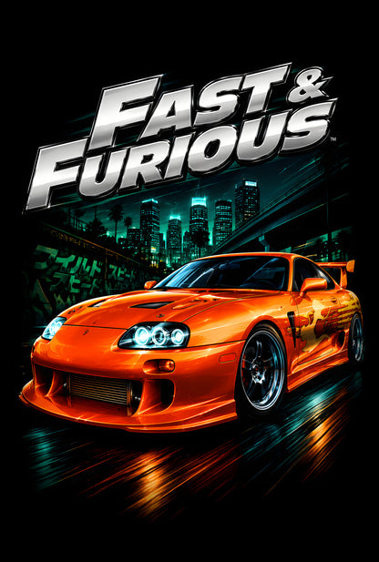 Fast and Furious Orange Sports Car - Halftone DTF transfer - Prints best on darks