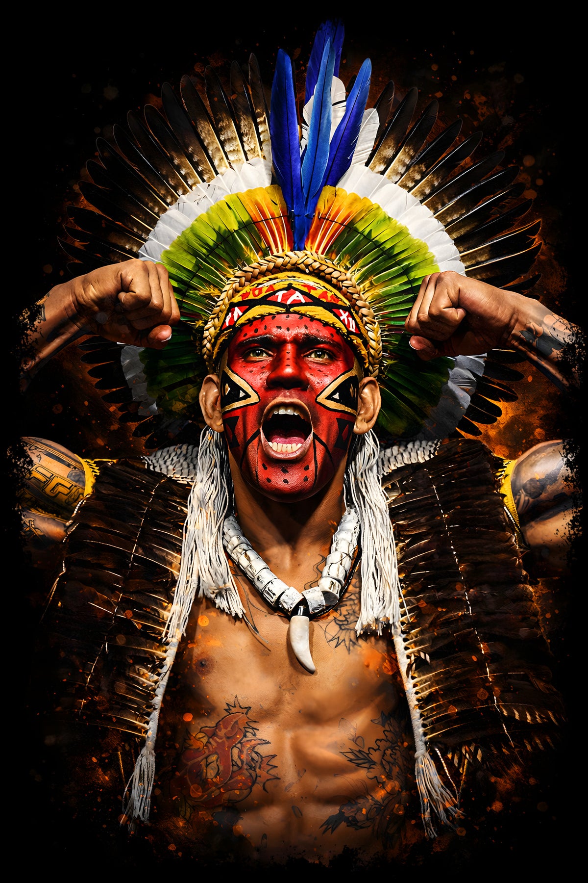 Fighter with Feathered Headdress - Halftone DTF transfer - Prints best on darks