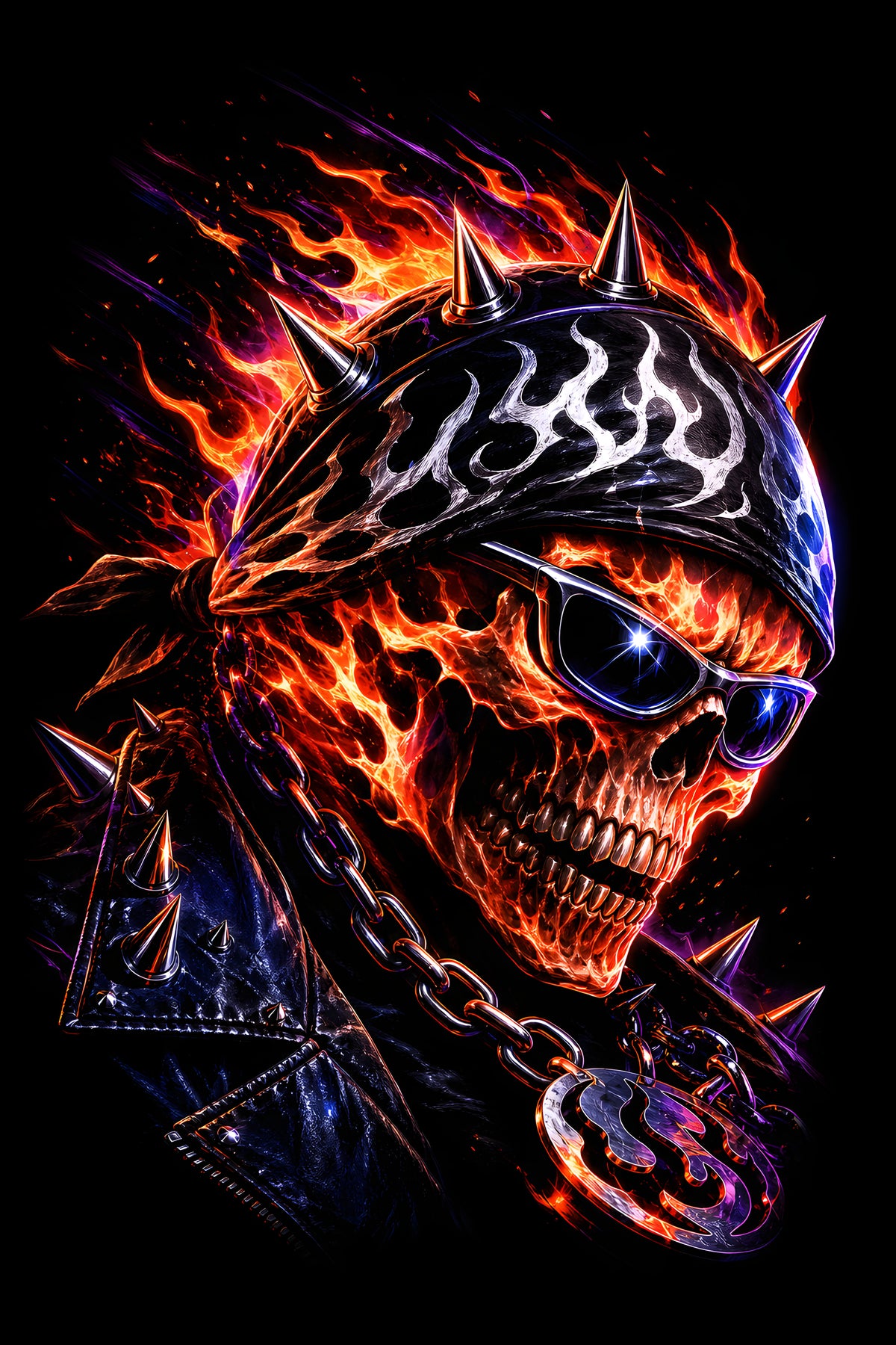 Flaming Biker Skull with Sunglasses halftone DTF transfer for black or dark garments