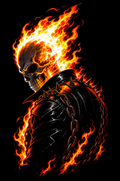 Flaming Skull Biker - Halftone DTF transfer - Prints best on darks