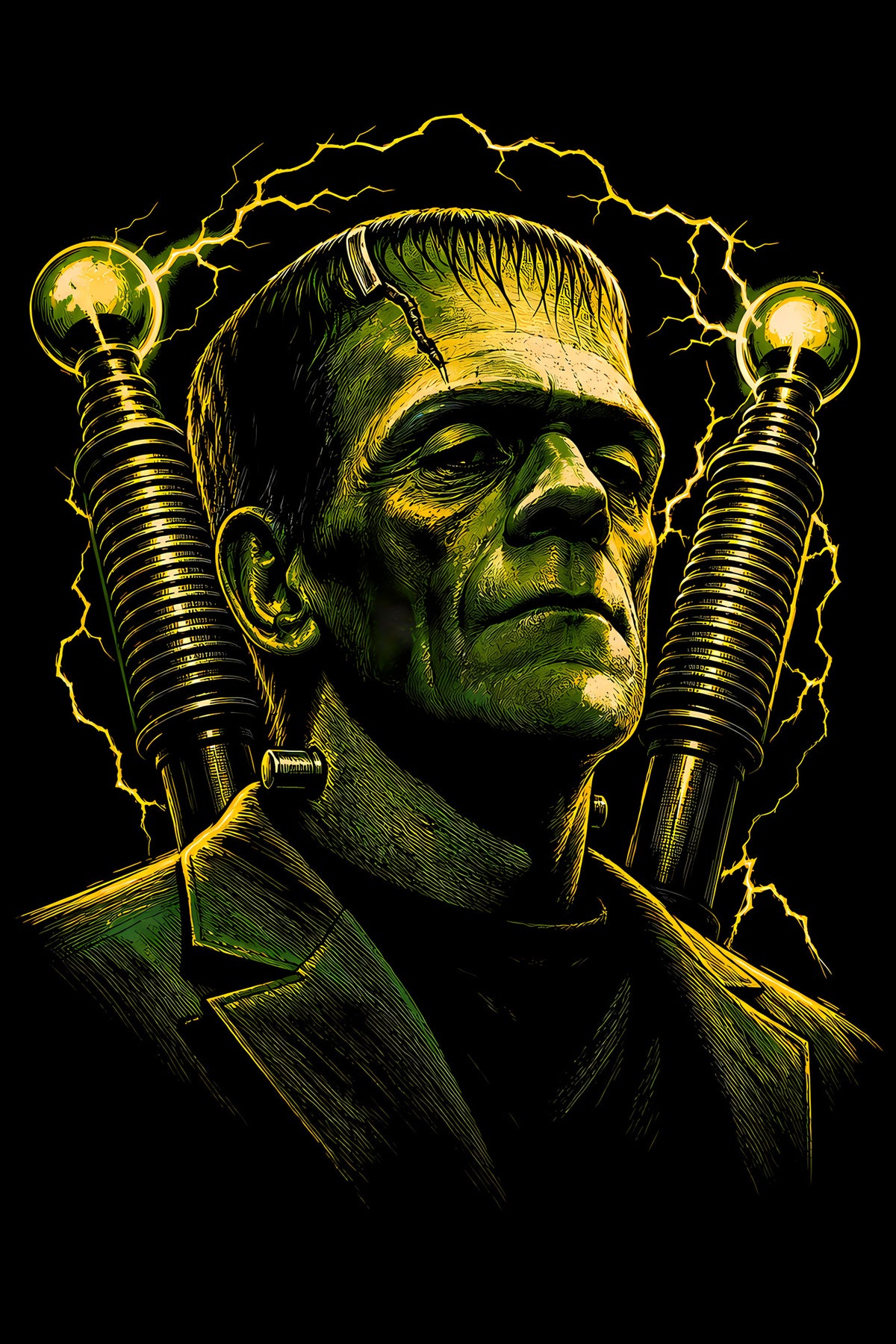 Frankenstein Monster and Electric Coils - Halftone DTF transfer - Prints best on darks