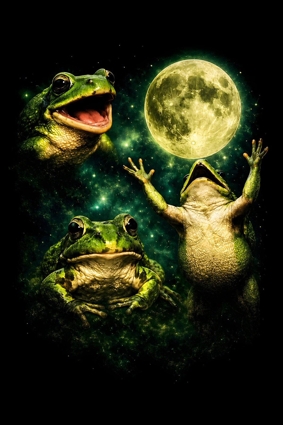 Frogs under a Green Moon - Halftone DTF transfer - Prints best on darks