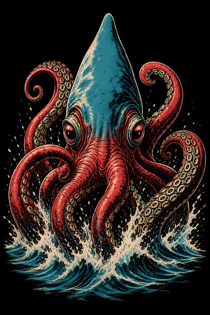 Giant Squid in Ocean Waves - Halftone DTF transfer - Prints best on darks