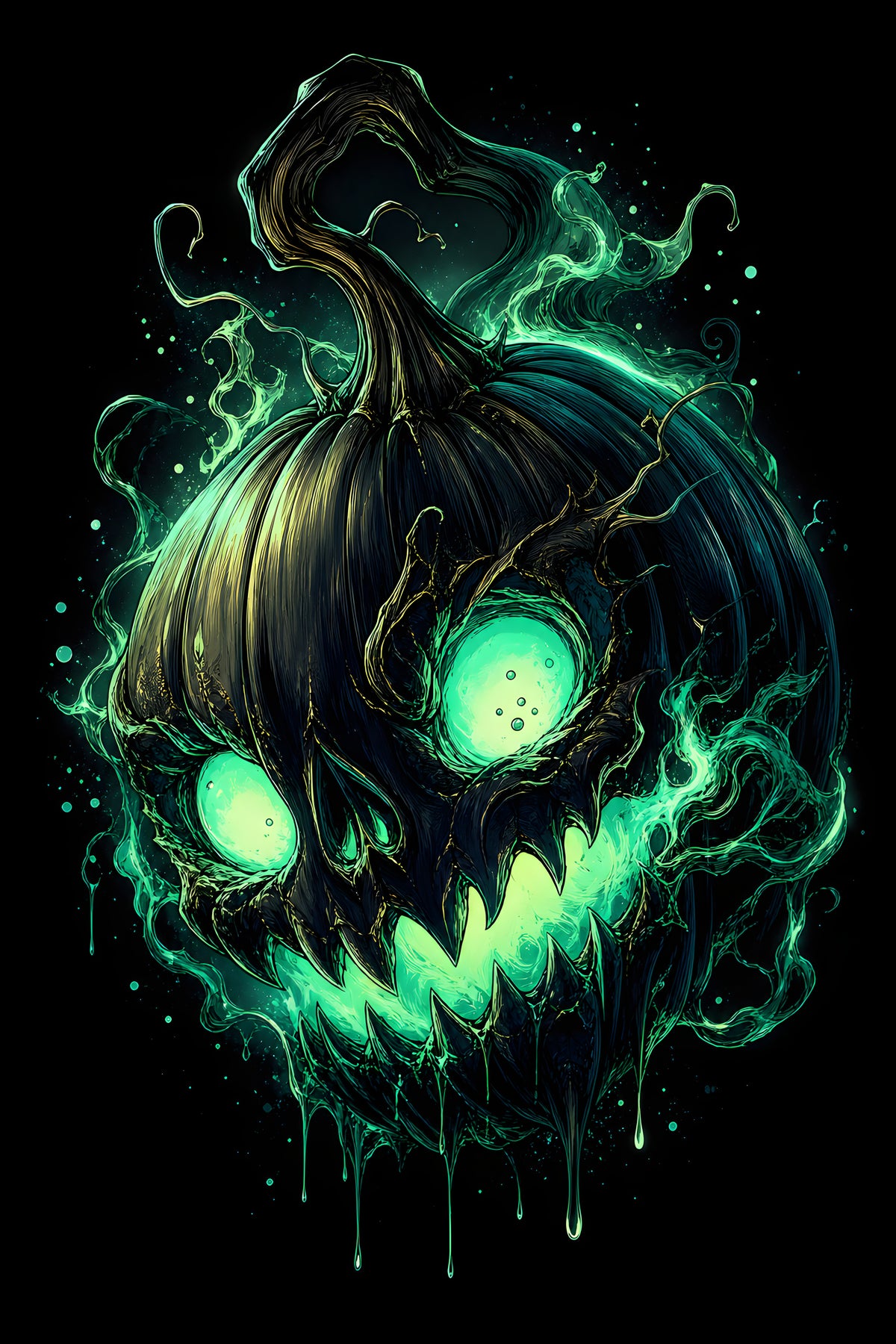 Glowing Green Ghost Pumpkin halftone DTF transfer for black or dark garments