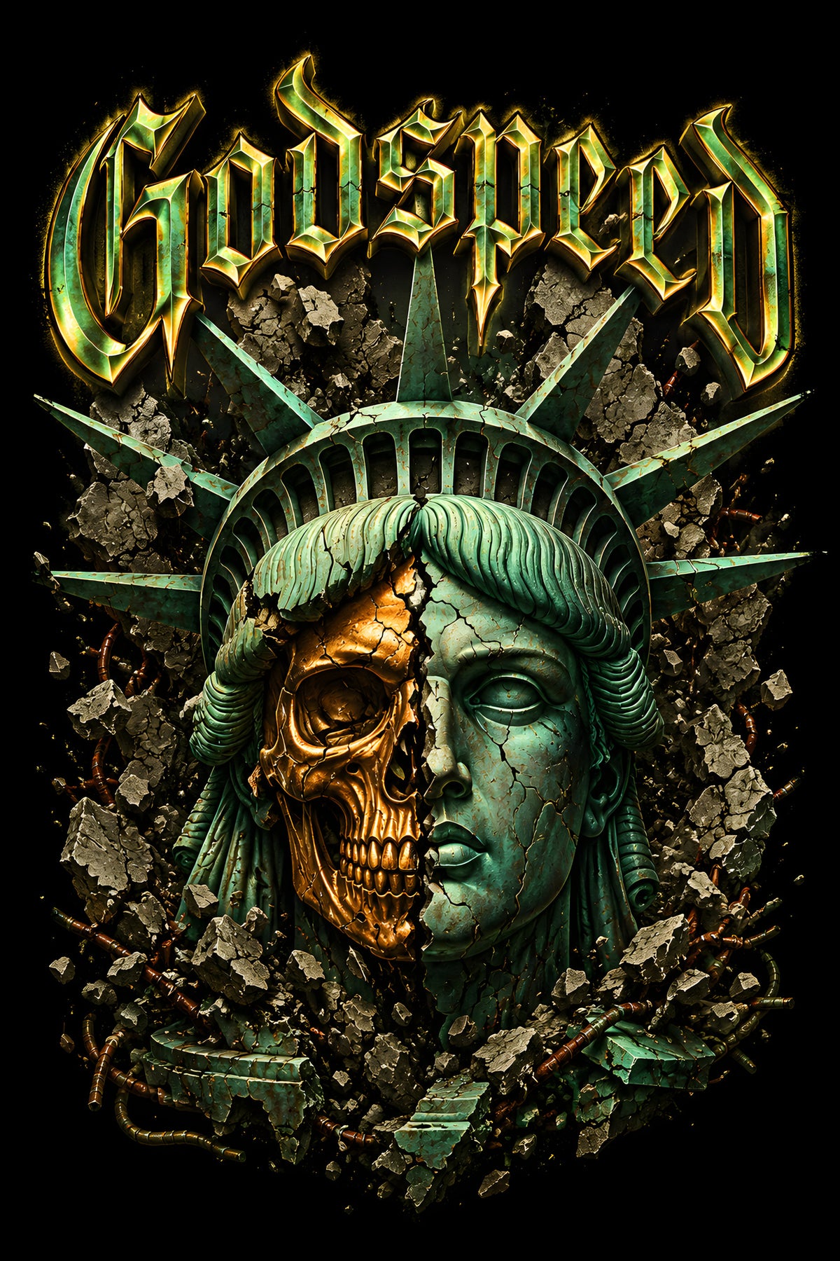 Godspeed Liberty Skull - Halftone DTF transfer - Prints best on darks