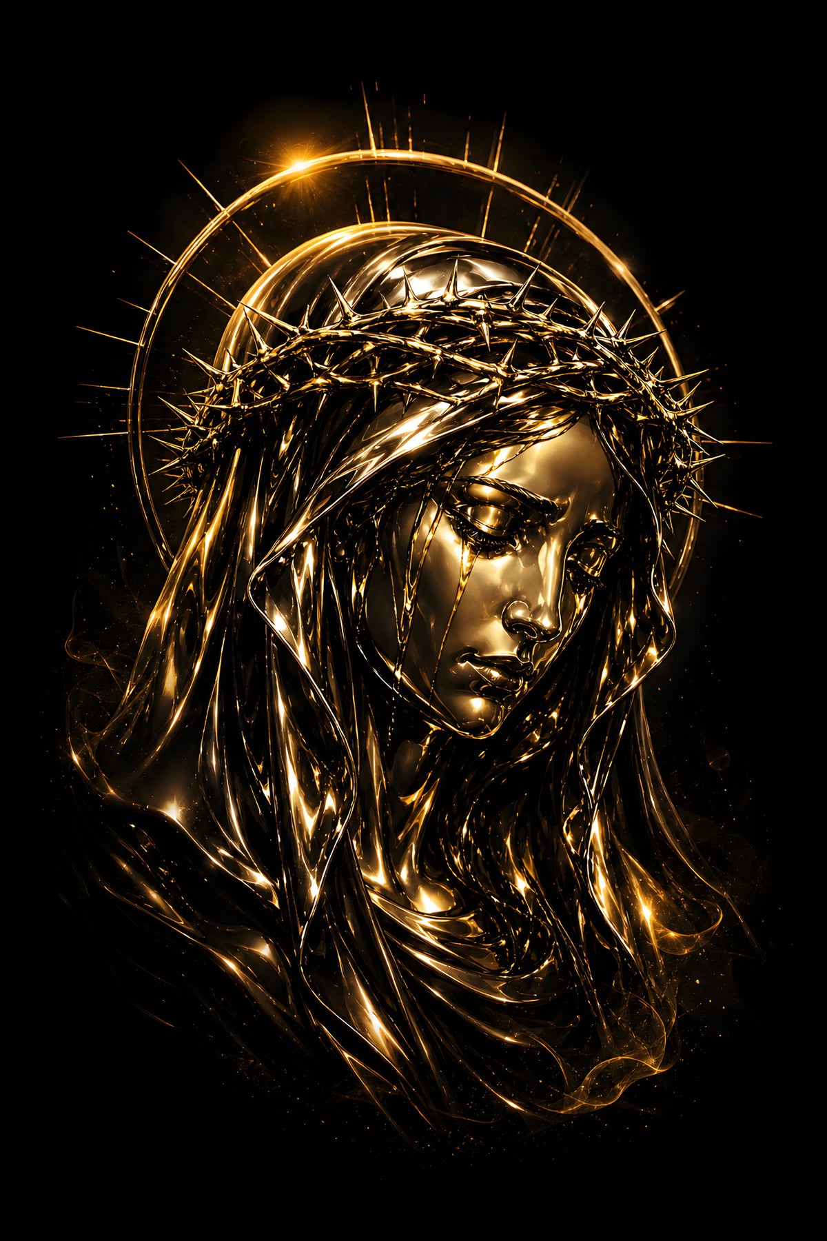 Golden Crown of Thorns Portrait - Halftone DTF transfer - Prints best on darks