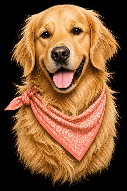 Golden Retriever with Pink Bandana - Halftone DTF transfer - Prints best on darks
