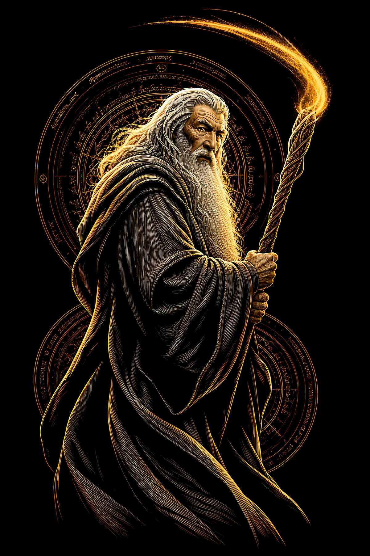 Golden Wizard with Staff - Halftone DTF transfer - Prints best on darks