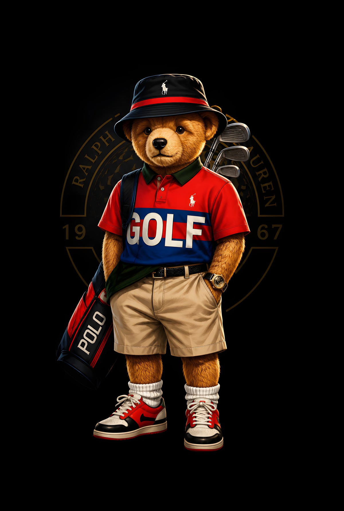 Golf Teddy Bear - Halftone DTF transfer - Prints best on darks