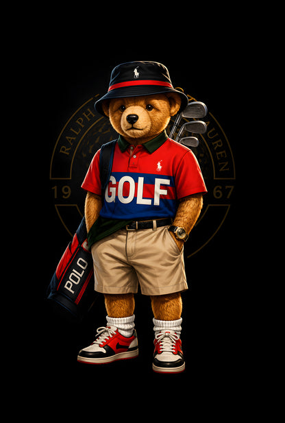 Golf Teddy Bear - Halftone DTF transfer - Prints best on darks