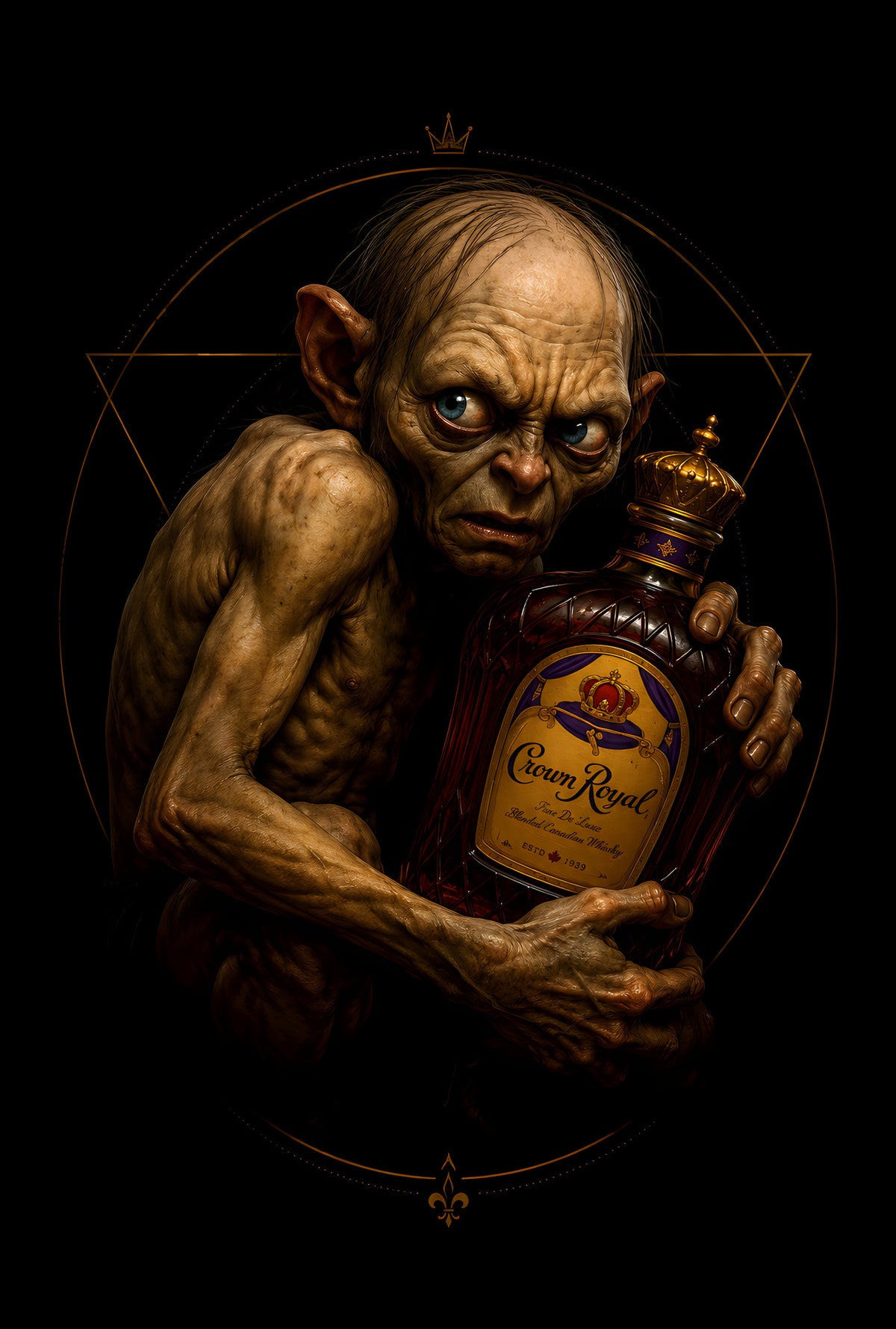 Gollum with Whiskey - Halftone DTF transfer - Prints best on darks