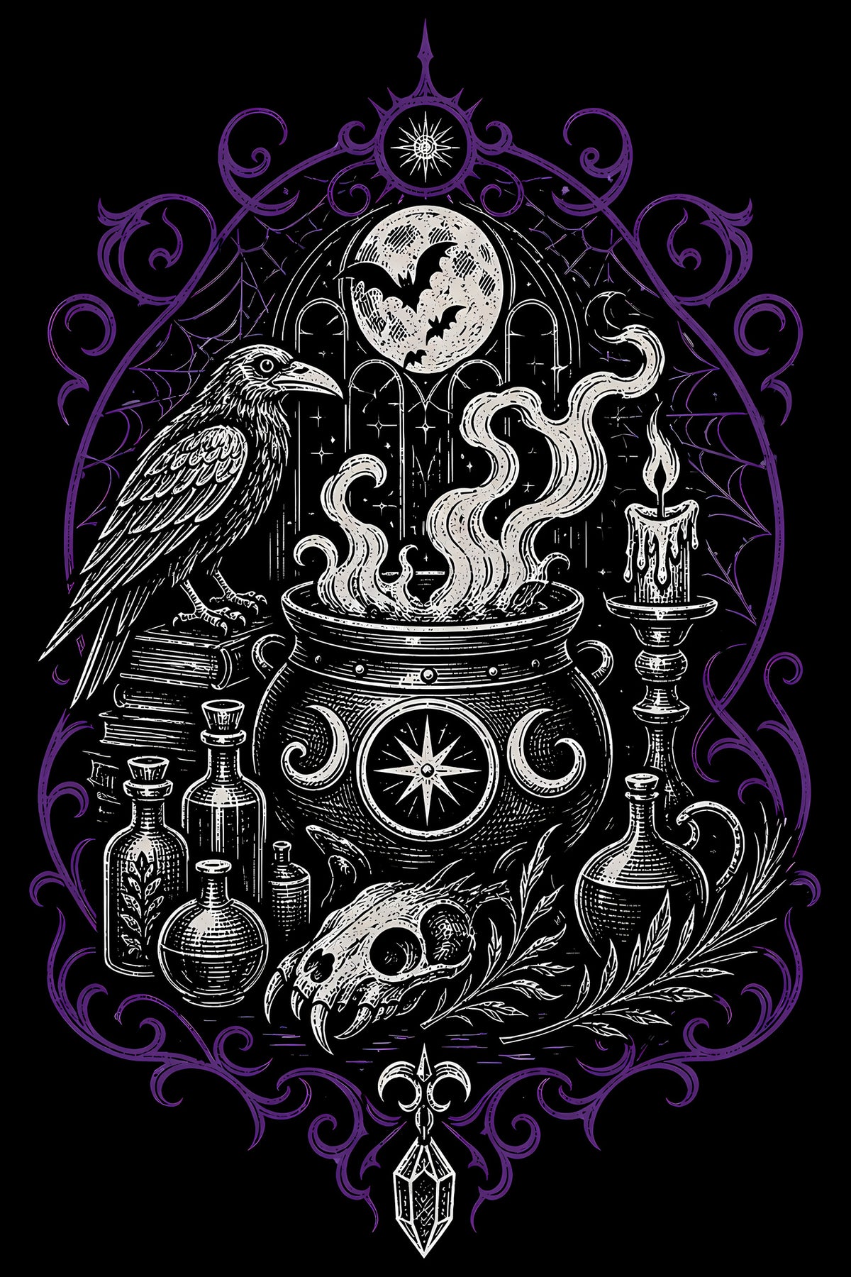 Gothic Raven and Cauldron - Halftone DTF transfer - Prints best on darks