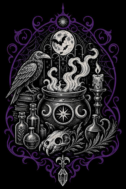 Gothic Raven and Cauldron - Halftone DTF transfer - Prints best on darks