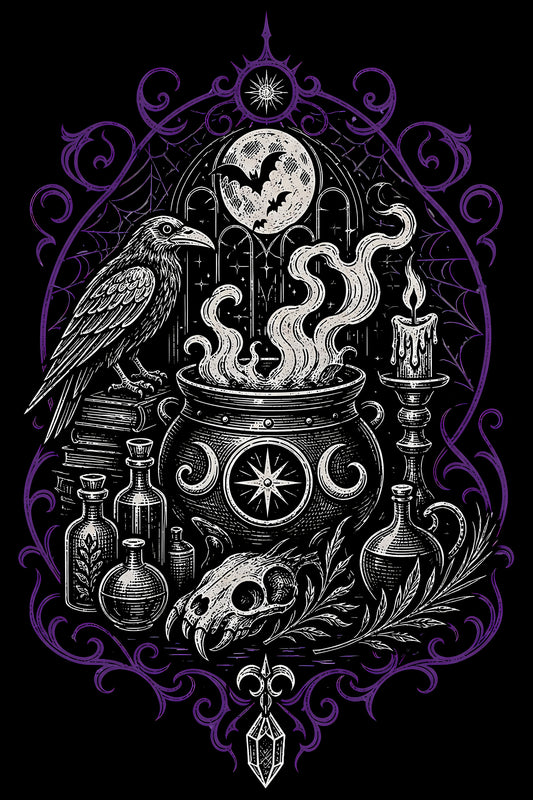Gothic Raven and Cauldron - Halftone DTF transfer - Prints best on darks