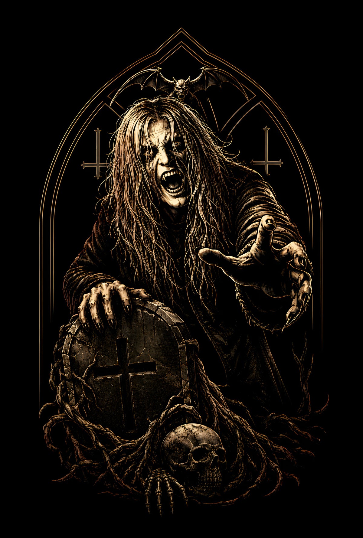 Gothic Vampire at Grave - Halftone DTF transfer - Prints best on darks