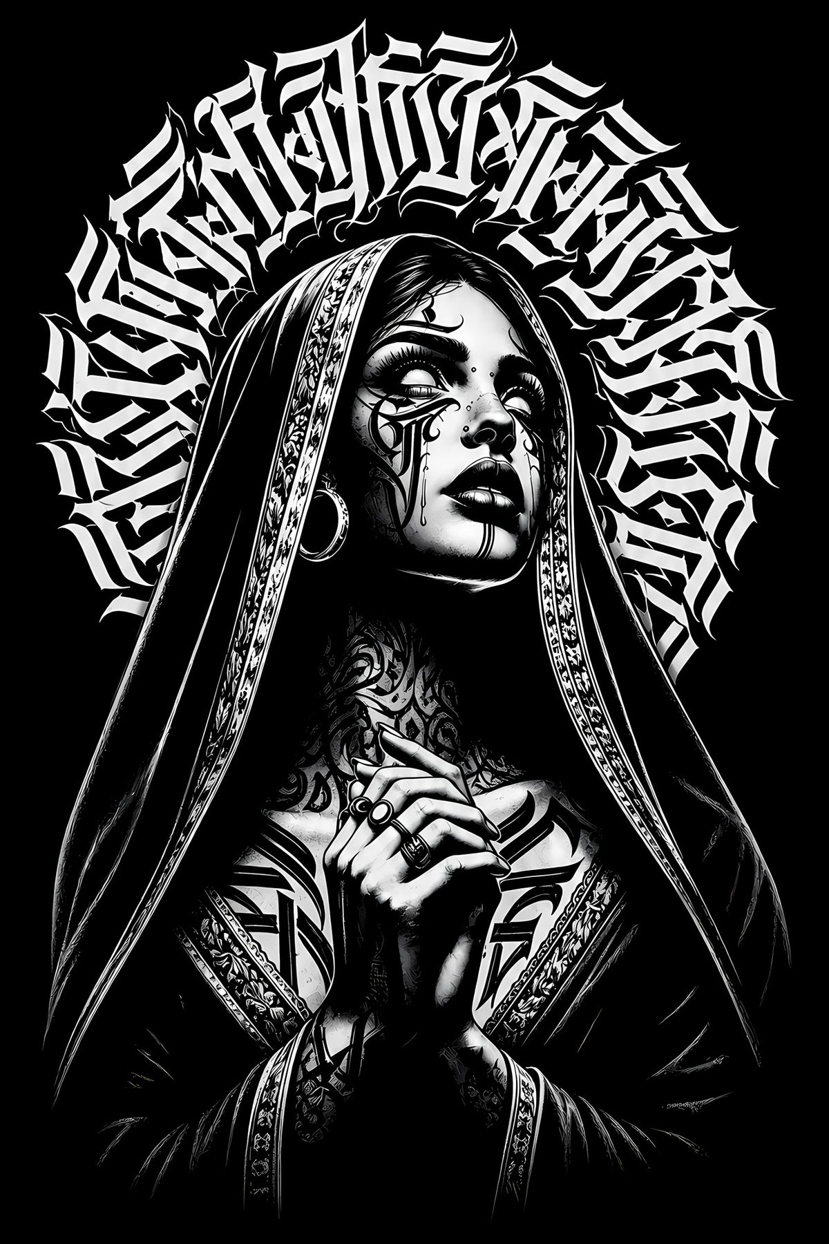 Gothic Veiled Woman in Black and White - Halftone DTF transfer - Prints best on darks