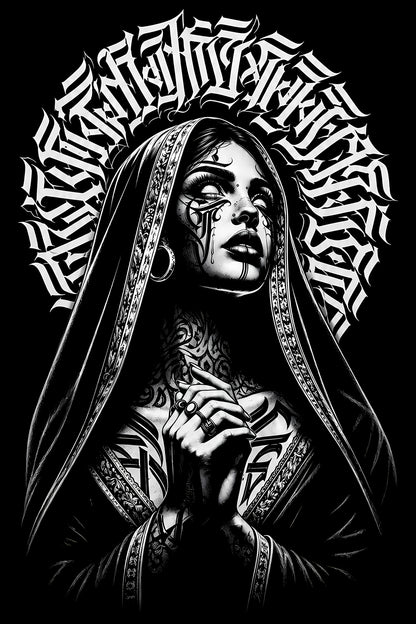Gothic Veiled Woman in Black and White - Halftone DTF transfer - Prints best on darks