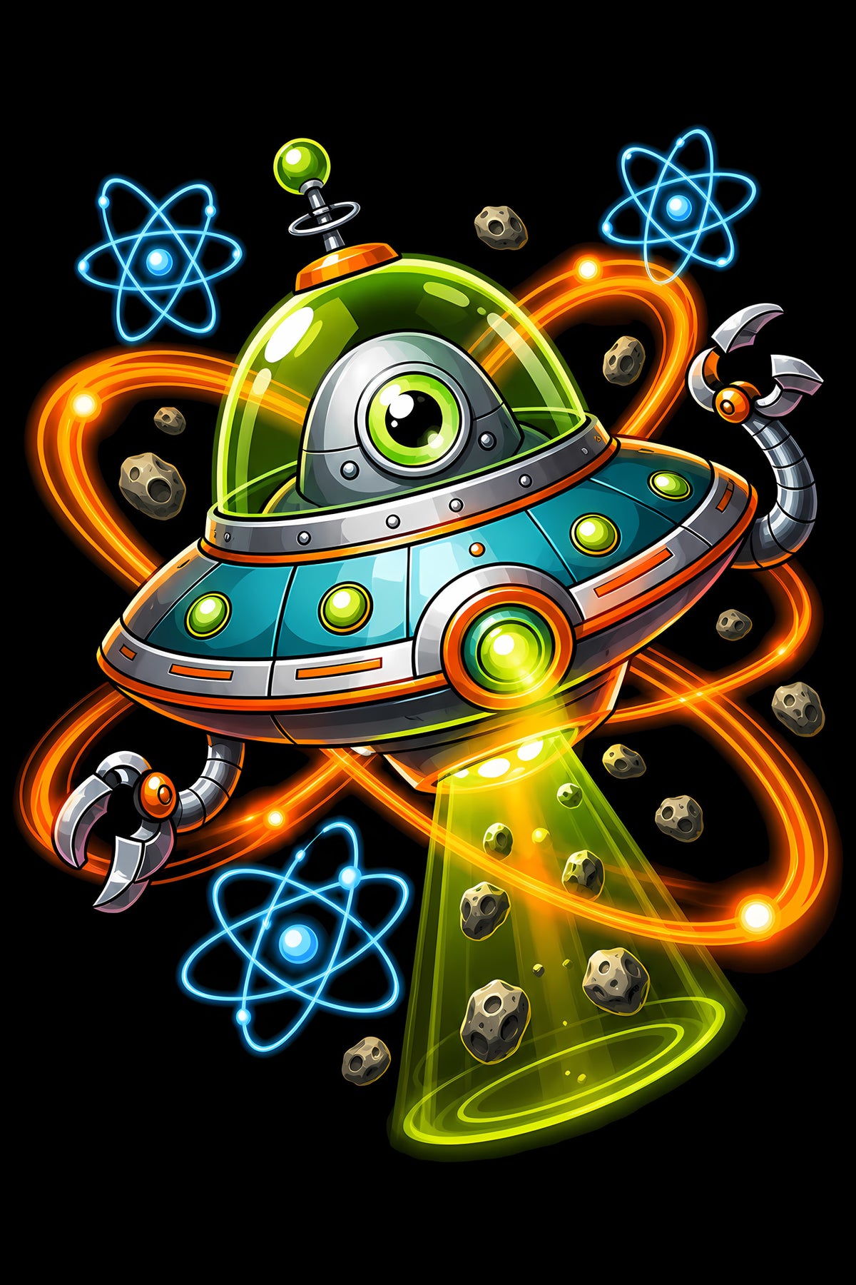 Green Alien Flying Saucer - Halftone DTF transfer - Prints best on darks