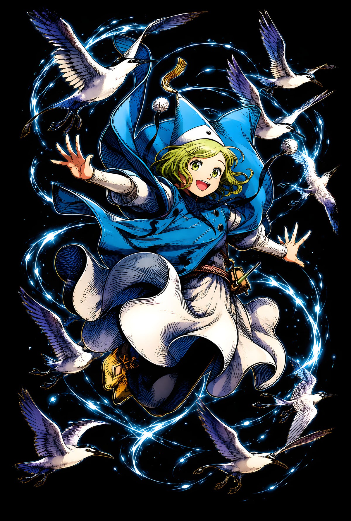 Green-Haired Wizard and Birds - Halftone DTF transfer - Prints best on darks