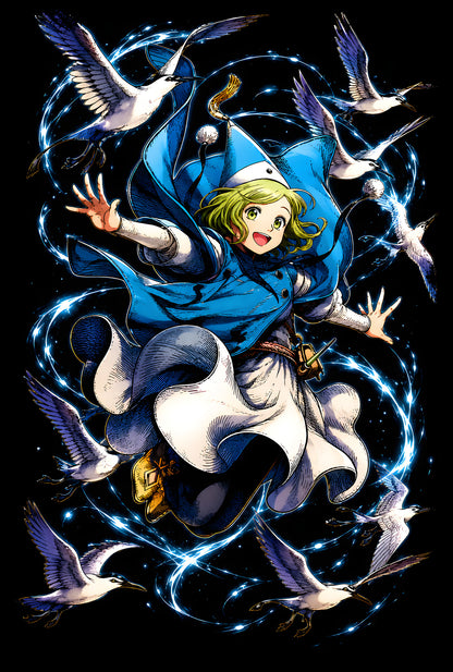 Green-Haired Wizard and Birds - Halftone DTF transfer - Prints best on darks