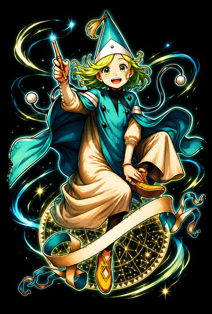 Green-Haired Wizard on a Magic Circle - Halftone DTF transfer - Prints best on darks