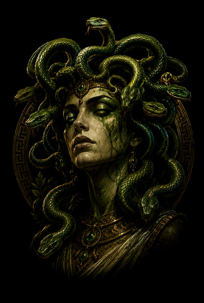 Green Medusa Portrait - Halftone DTF transfer - Prints best on darks