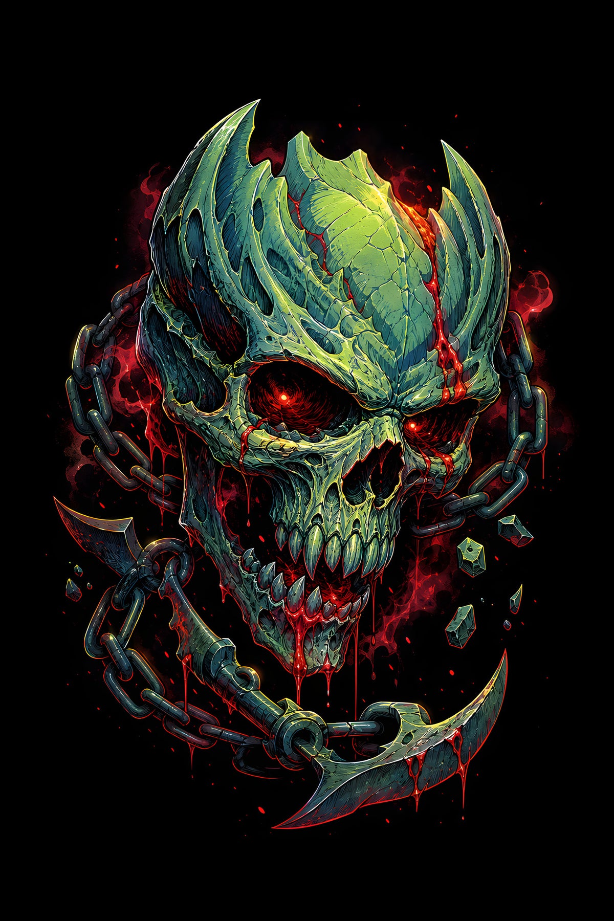 Green Skull and Chains - Halftone DTF transfer - Prints best on darks