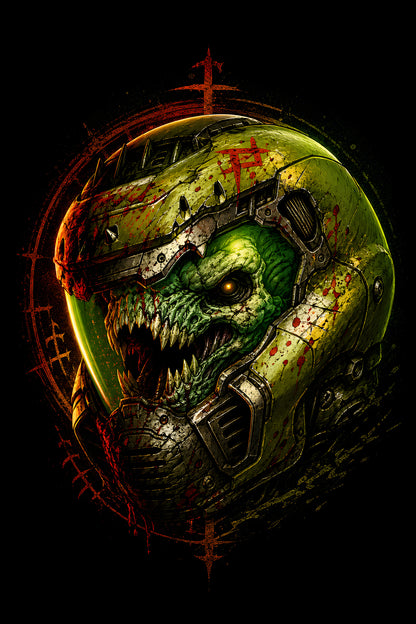 Green Zombie in Armoured Helmet halftone DTF transfer for black or dark garments