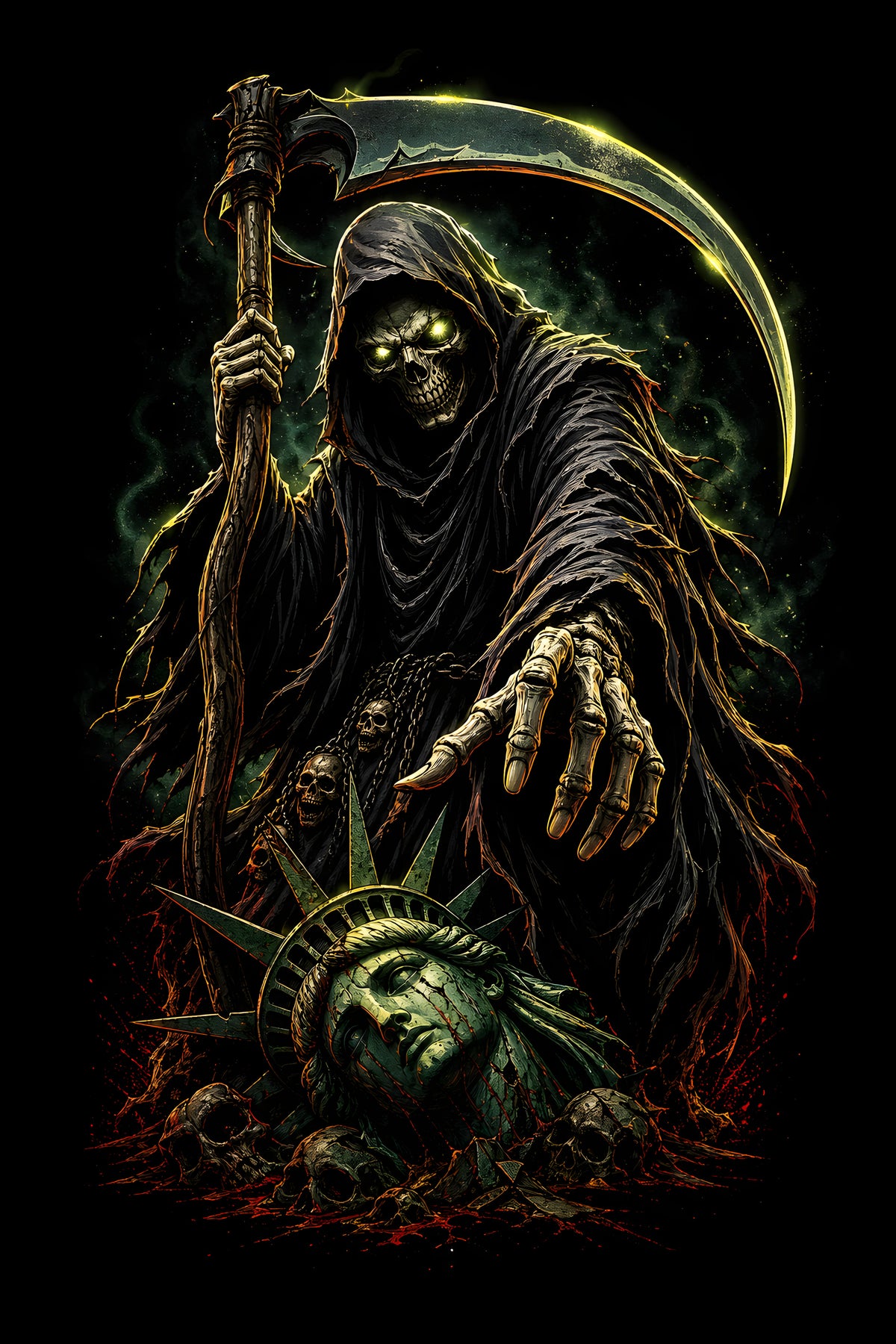 Grim Reaper with Fallen Liberty halftone DTF transfer for black or dark garments