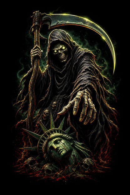 Grim Reaper with Fallen Liberty halftone DTF transfer for black or dark garments