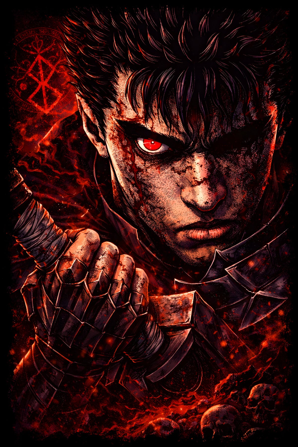 Guts Berserk Red Aura - Halftone DTF transfer - Prints best on darks