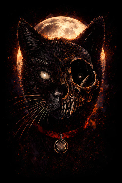 Half-Skull Black Cat - Halftone DTF transfer - Prints best on darks