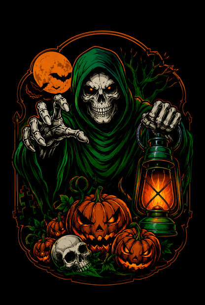 Halloween Reaper and Pumpkins - Halftone DTF transfer - Prints best on darks