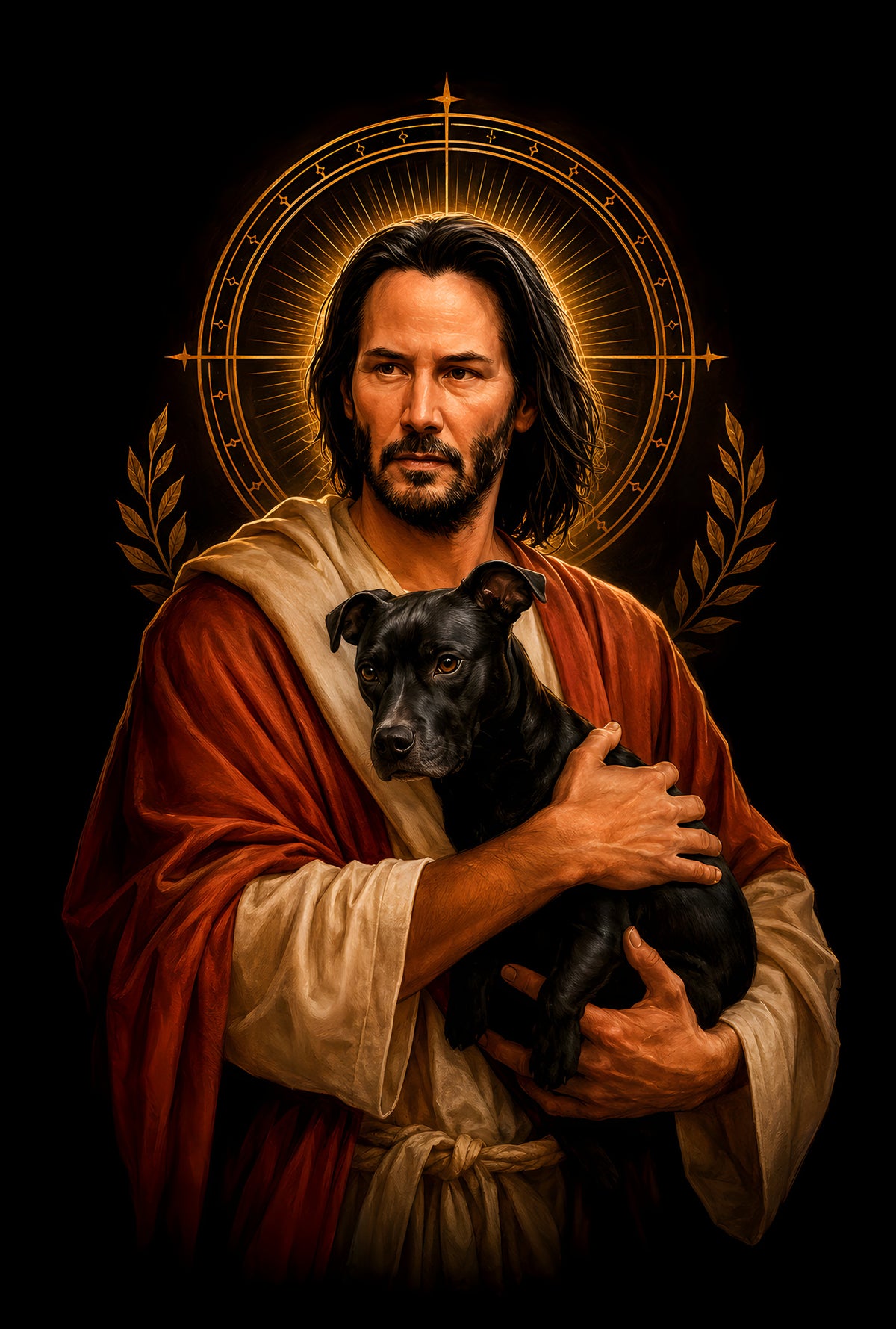 Haloed Man Holding Black Dog - Halftone DTF transfer - Prints best on darks