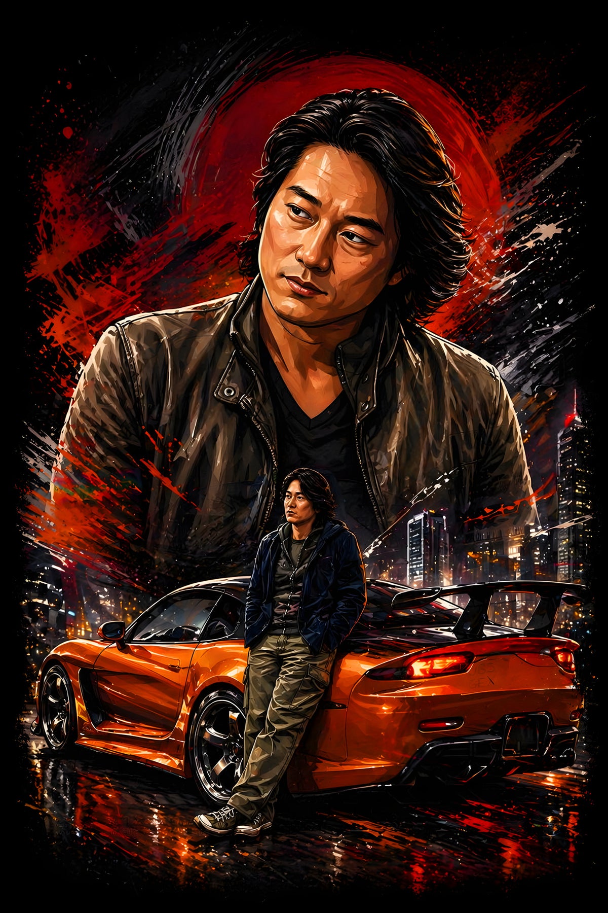 Han Lue and Orange Sports Car - Halftone DTF transfer - Prints best on darks