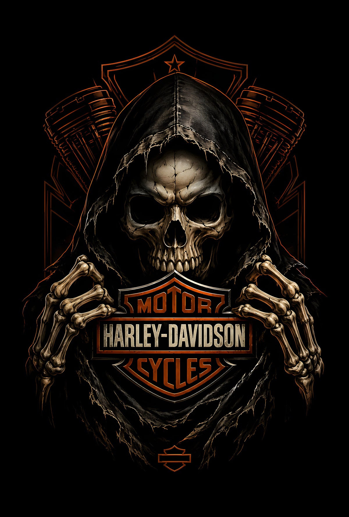 Harley-Davidson Hooded Reaper - Halftone DTF transfer - Prints best on darks