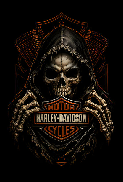 Harley-Davidson Hooded Reaper - Halftone DTF transfer - Prints best on darks