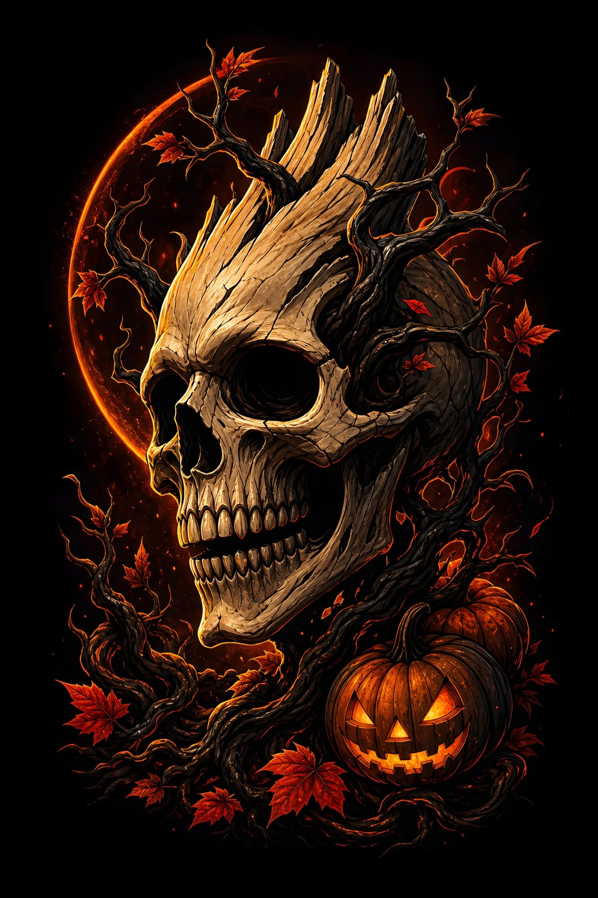 Haunted Tree Skull and Jack-O-Lantern - Halftone DTF transfer - Prints best on darks