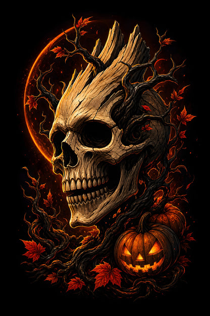 Haunted Tree Skull and Jack-O-Lantern - Halftone DTF transfer - Prints best on darks