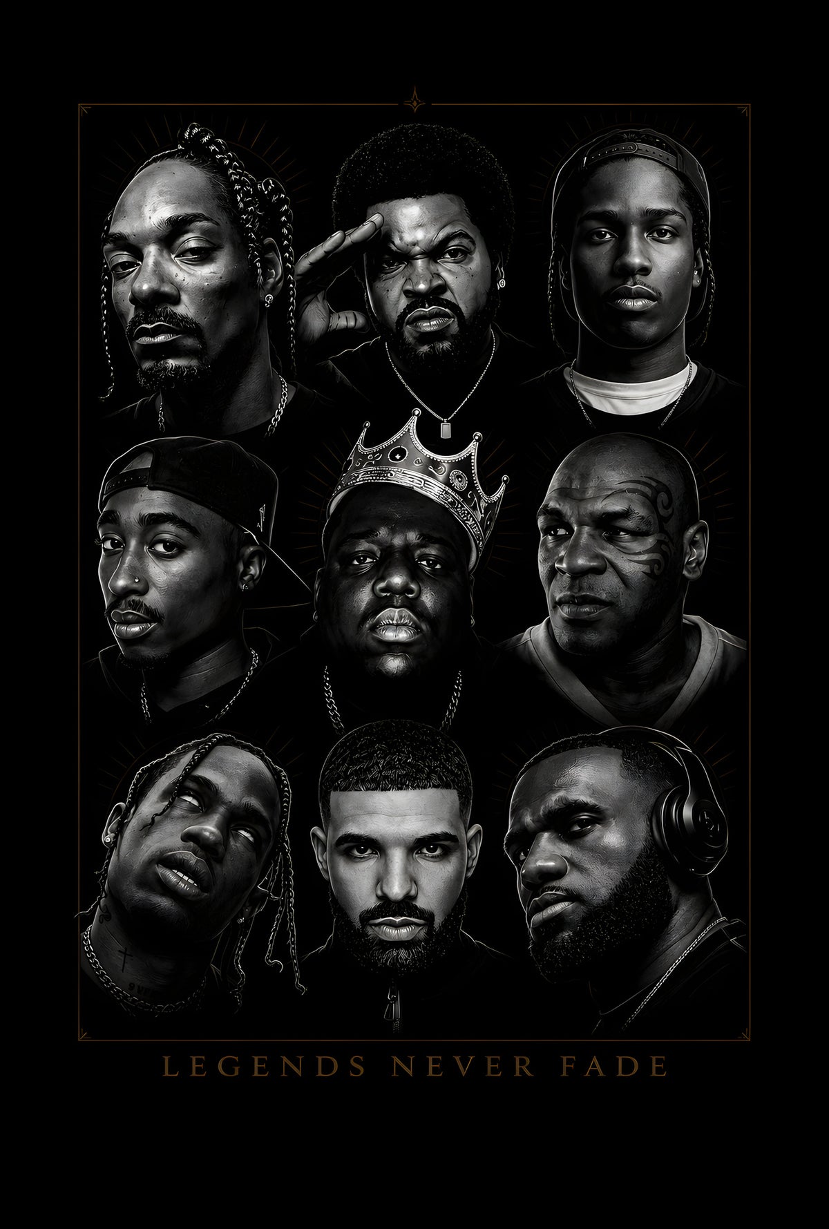 Hip Hop Legends Never Fade Collage - Halftone DTF transfer - Prints best on darks