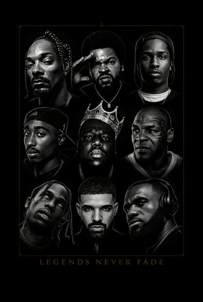 Hip Hop Legends Never Fade Collage - Halftone DTF transfer - Prints best on darks