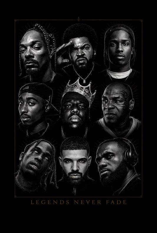 Hip Hop Legends Never Fade Collage - Halftone DTF transfer - Prints best on darks